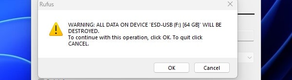 Rufus Warning to Erase USB Drive