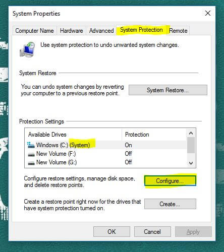 system restore configure