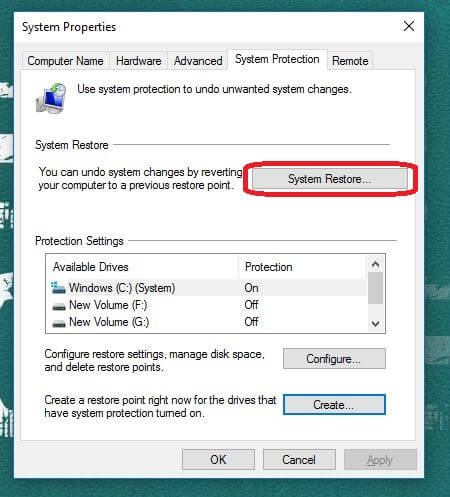 system restore option