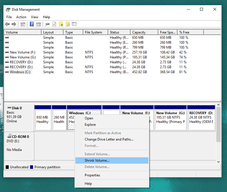 Select Shrink - Shrink windows 10 Partition