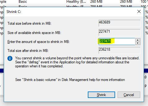 total space available Shrink windows 10 partition