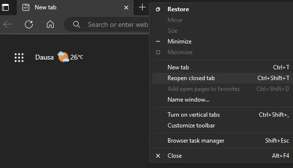 Reopen Closed Tab in Microsoft Edge