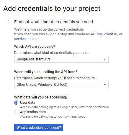 Add credentials - Google assistant for PC.