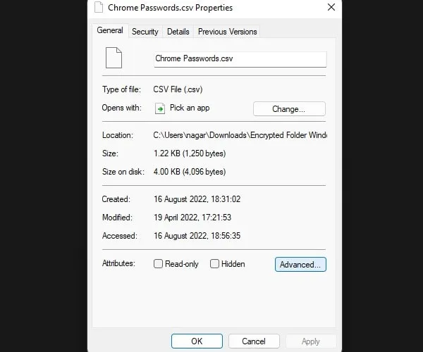 Open File Advanced Properties to Encrypt