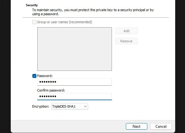 Set a password on encryption certificate