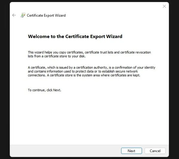 Welcome to Certificate Export Wizard Backup Encryption Key