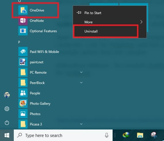 Remove OneDrive Windows 10 - Unisntall using start menu