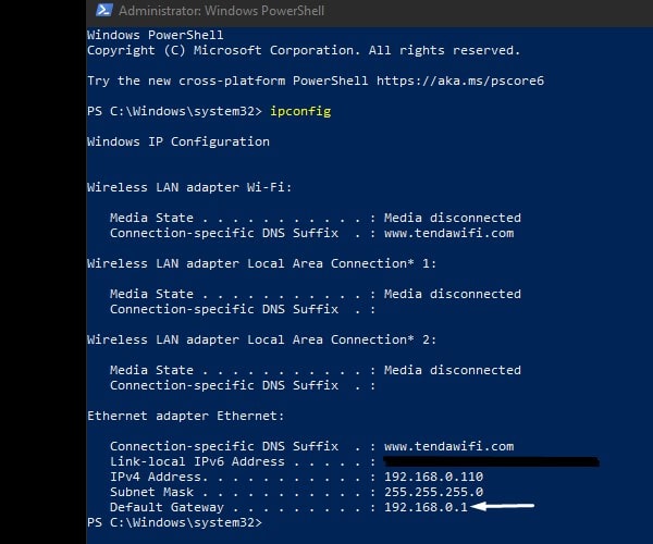 ipconfig - default gateaway