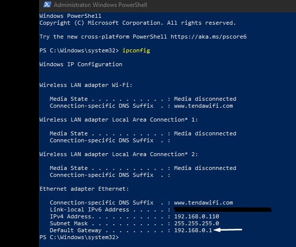 ipconfig - default gateaway