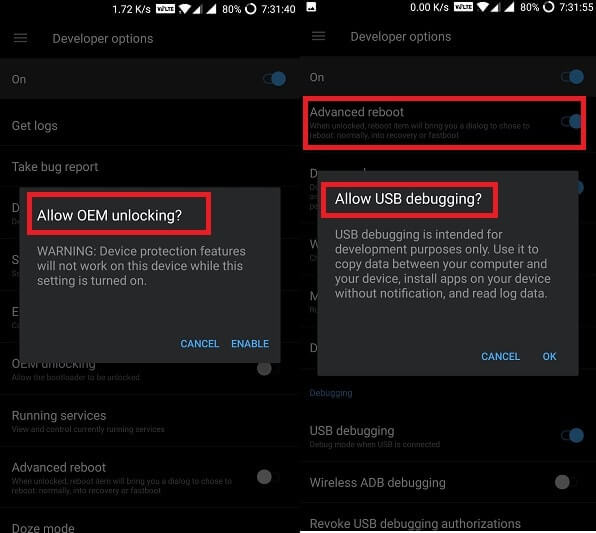 Enable OEM unlock, Advanced reboot and USB debugging