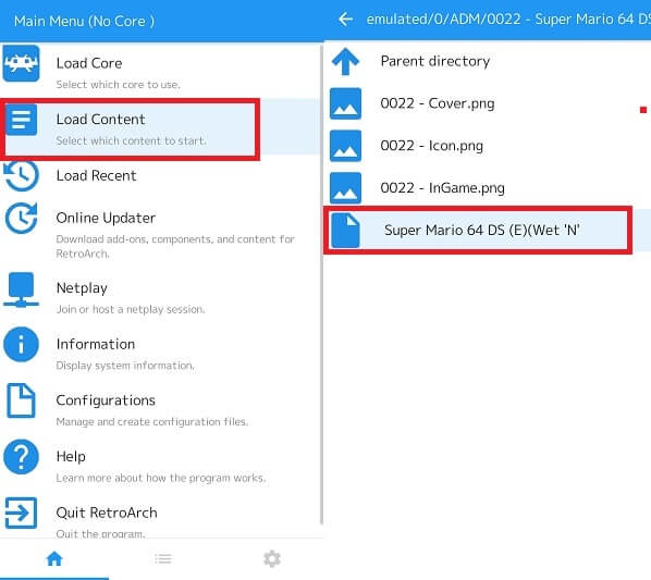 Load Content RetroArch - DS Emulator Android