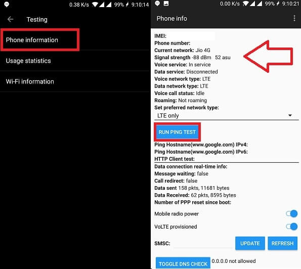 Check Network Strength and Ping test