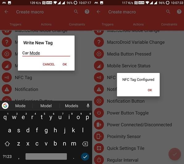 NFC Tag configure for car mode