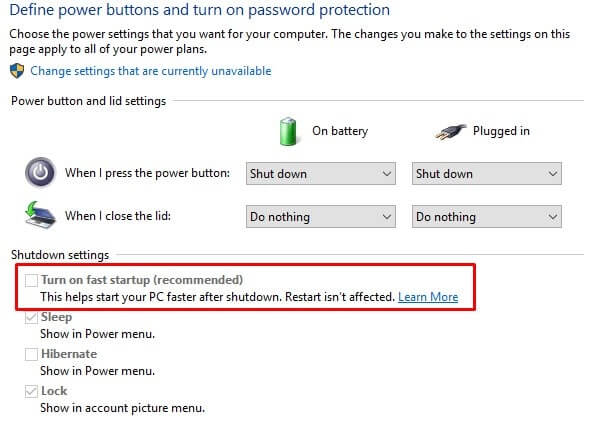 Uncheck the Fast Startup Option