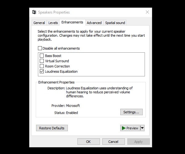 Microsoft Audio Enhancement - Default Windows 10 Equalizer