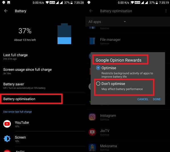 Turn off Battery Optimisation