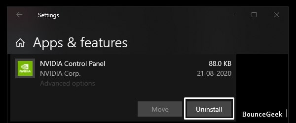 Uninstall NVIDIA Control Panel