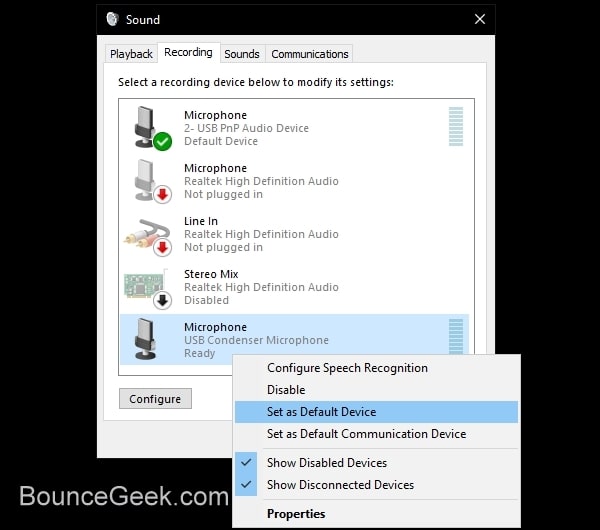 Set USB Microphone as Default Device