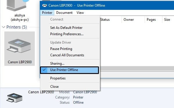 Use Printer Offline