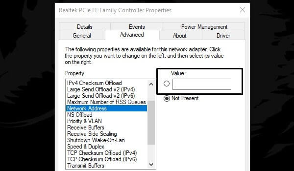 Ethernet Unidentified Network - Add Network Address