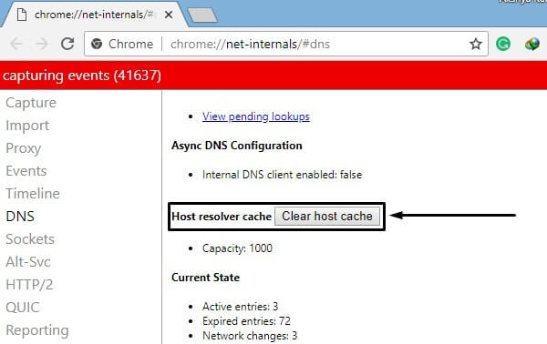 Clear host cache - ERR_CONNECTION_RESET Chrome