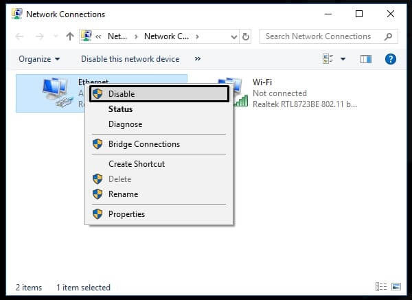 Ethernet doesn't have a valid IP configuration - Disable Ethernet