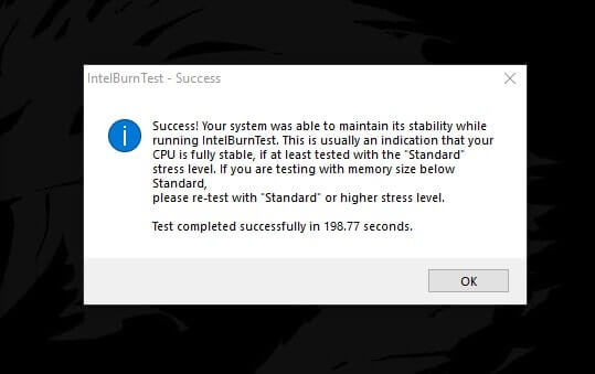 Intel Burn Test Success Message