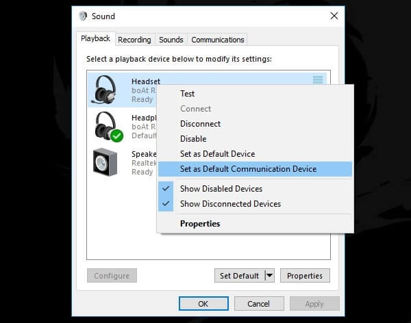 Set as Default Communication Device