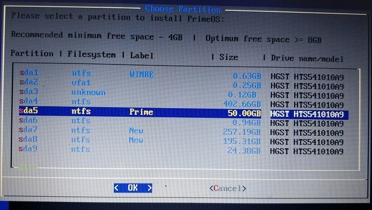 Choose Partition - Select Prime OS Partition