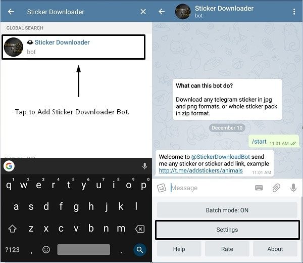 Add Bot and Sticker Downloader Settings