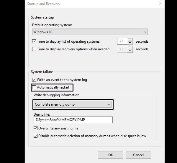 Modify Memory Dump Settings