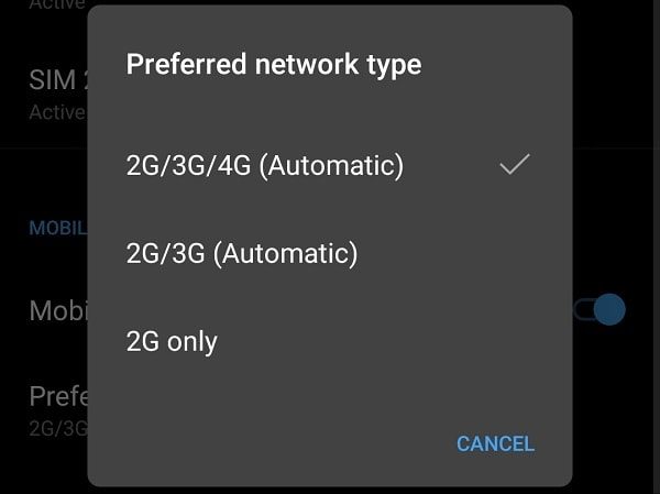 Preferred Network Type 4G