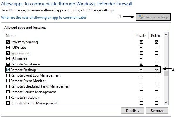 Allow Remote Desktop in Windows Firewall