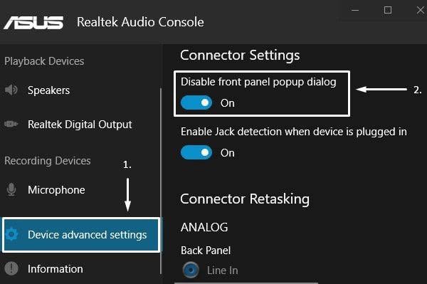 Realtek Audio Console - fix Front Audio Jack not working