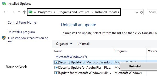 Uninstall Recent Windows Update