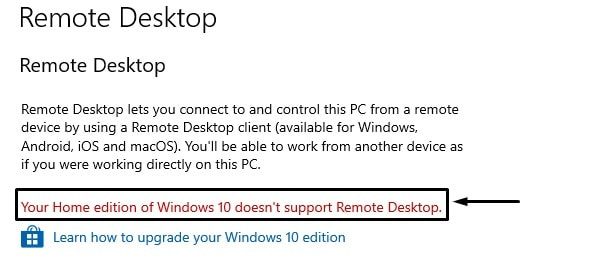Windows 10 Home Edition - Remote Desktop