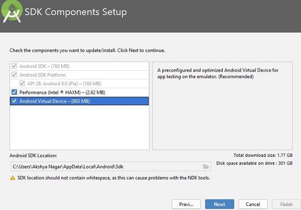 Android Virtual Device - SDK Components