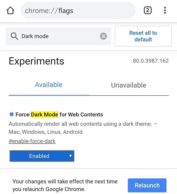 Chrome Force Dark Mode for Web Contents