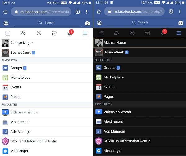 Facebook Dark Mode in Chrome Browser