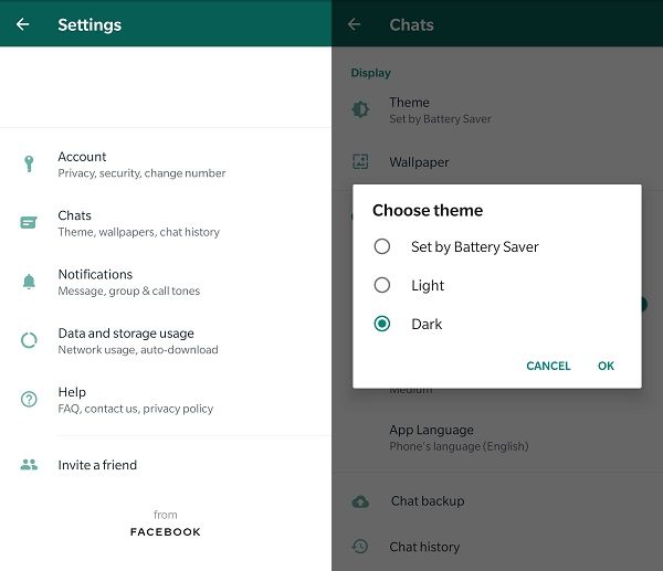 Select Dark theme in WhatsApp