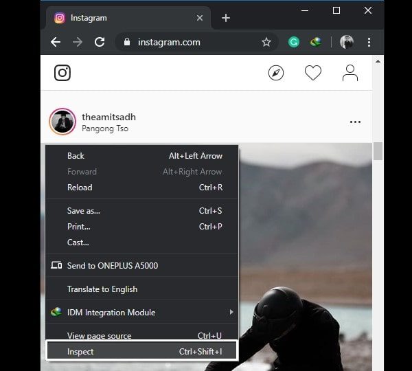 Open Chrome Developer Tools - Upload Post on Instagram