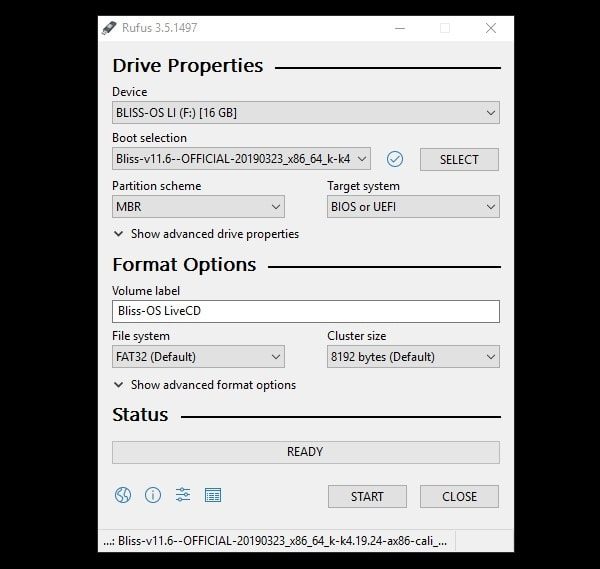 Rufus Bliss OS Bootable Drive