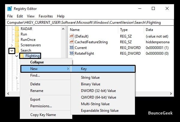 Create new Key - Windows 10 Immersive Search