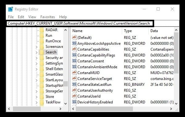 Open Windows Search Path in Registry Editor