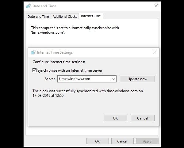 Internet Time Settings - Update Now