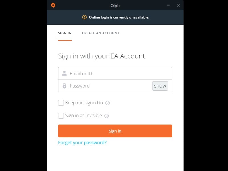 Origin Online Login is currently unavailable