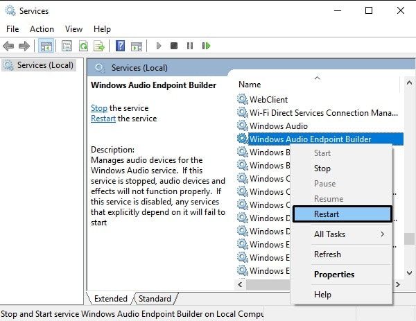 Restart Windows Audio Endpoint Builder Service