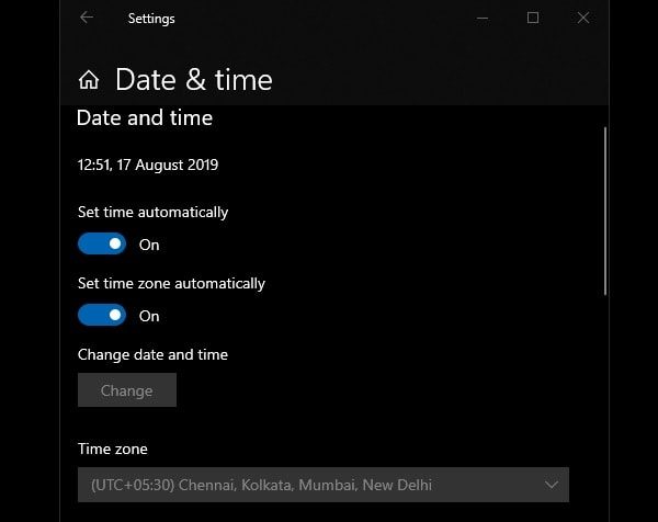 Windows 10 Settings - Automatic Date and Time