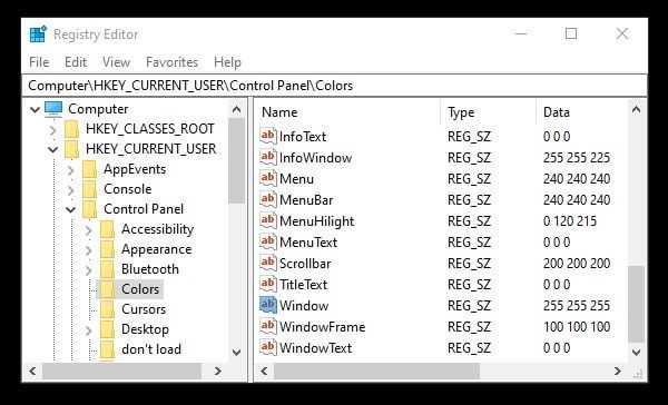 Modify Window and WindowText Registry