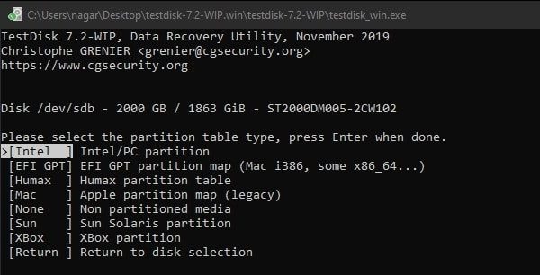 Select Partition Table Type